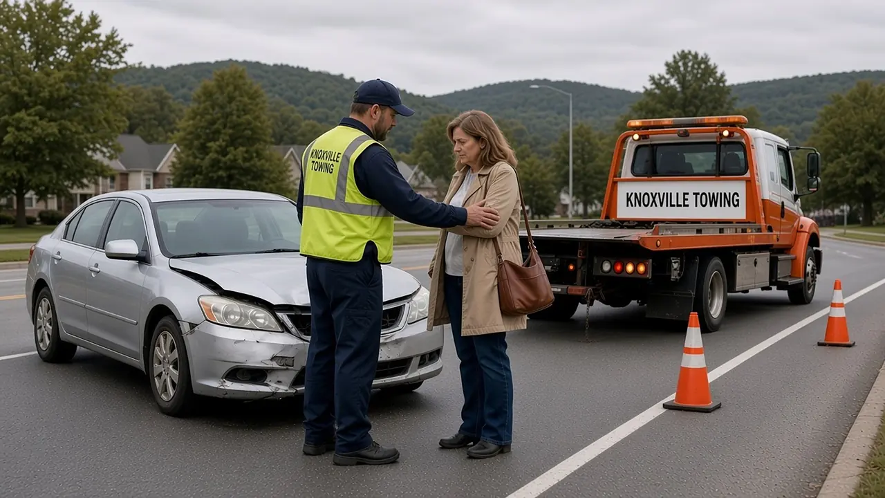 After a Knoxville roadside stop, a woman and a man stand with a silver sedan while a yellow-and-black tow truck is parked behind them