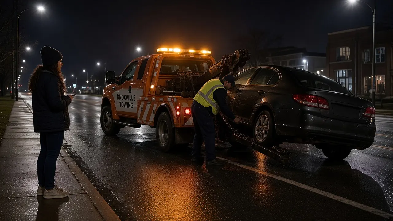 A woman in a blue jacket and a man wait on a Knoxville shoulder beside a silver sedan as a yellow-and-black tow truck arrives with its lights on