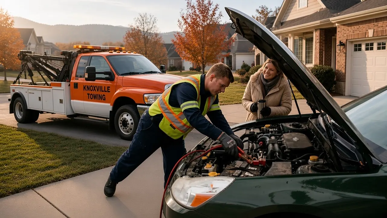 A woman and a man stand at the open hood of a silver sedan in Knoxville while a yellow truck is set up to jump the battery