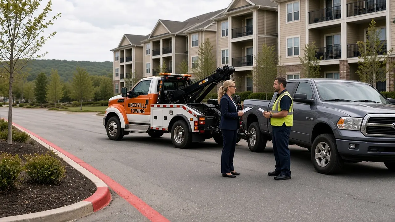 In a Knoxville parking lot, a woman and a man stand beside a silver sedan with a yellow-and-black tow truck parked nearby