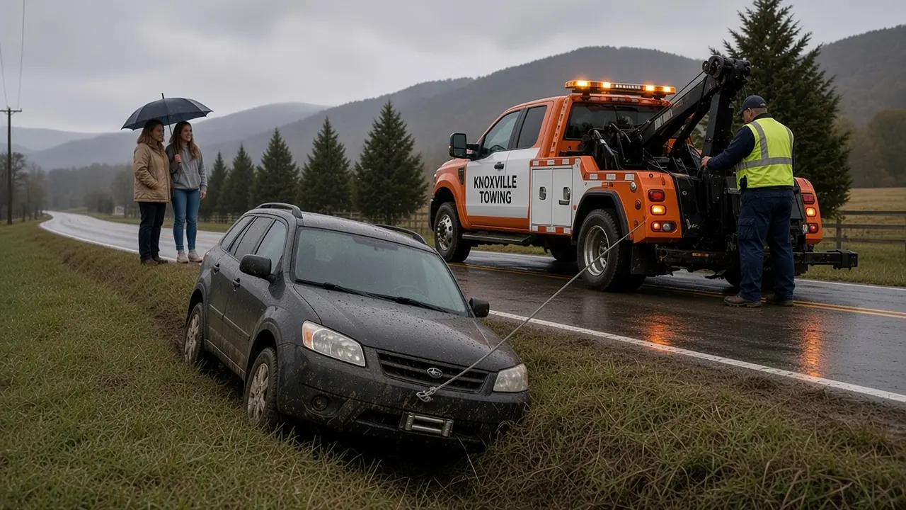 On a Knoxville shoulder, a woman and a man watch a yellow-and-black tow truck run a cable out to a silver sedan that has left the pavement